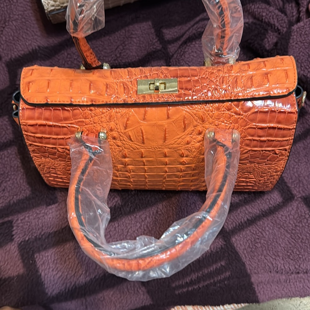 Orange Crocodile Pattern Handbag - image 3